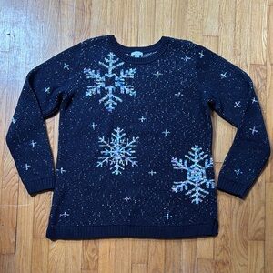 J.Jill Navy Blue Tweed Sweater with Snowflake Design Size Large